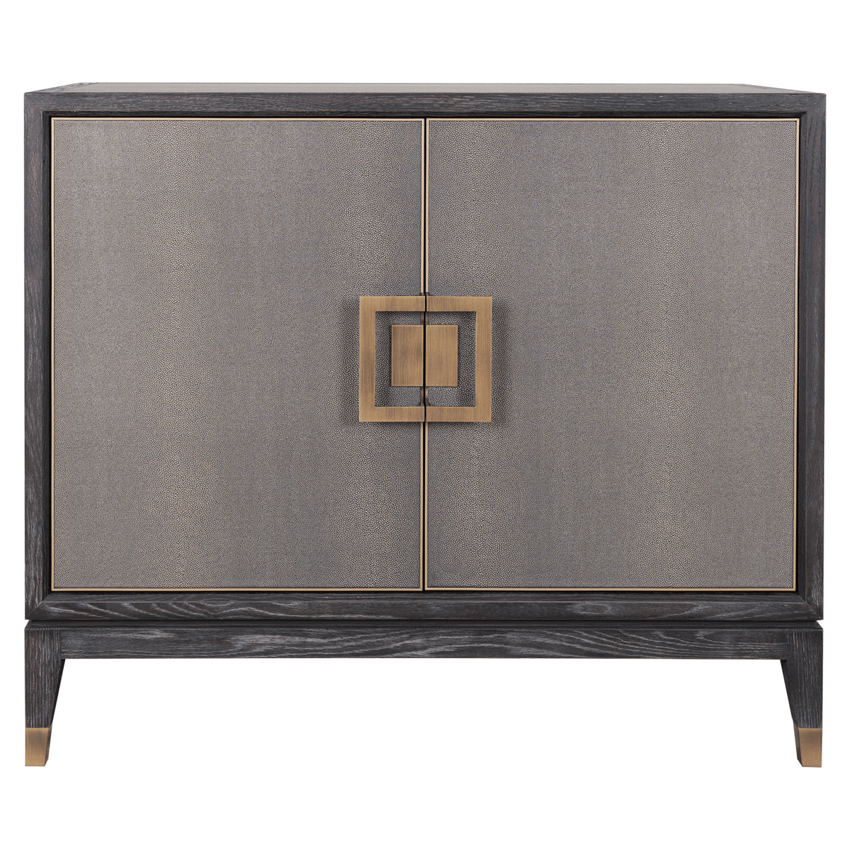 Sideboard aus schwarzem Holz und Rochenlederimitat mit zwei Türen und Messinggriffen