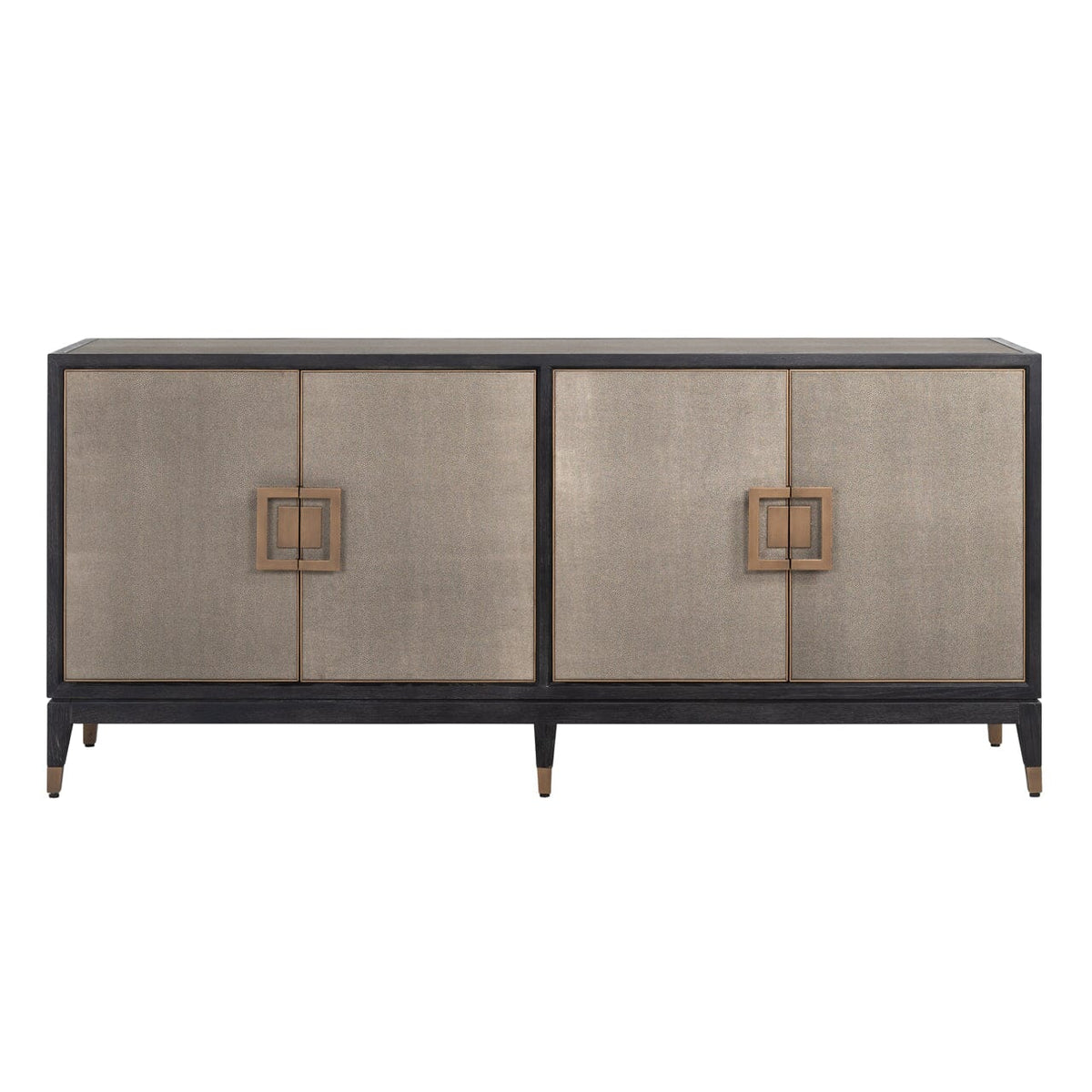 Sideboard mit 4 Türen aus schwarzem Holz und Rochenleder mit Messinggriffen