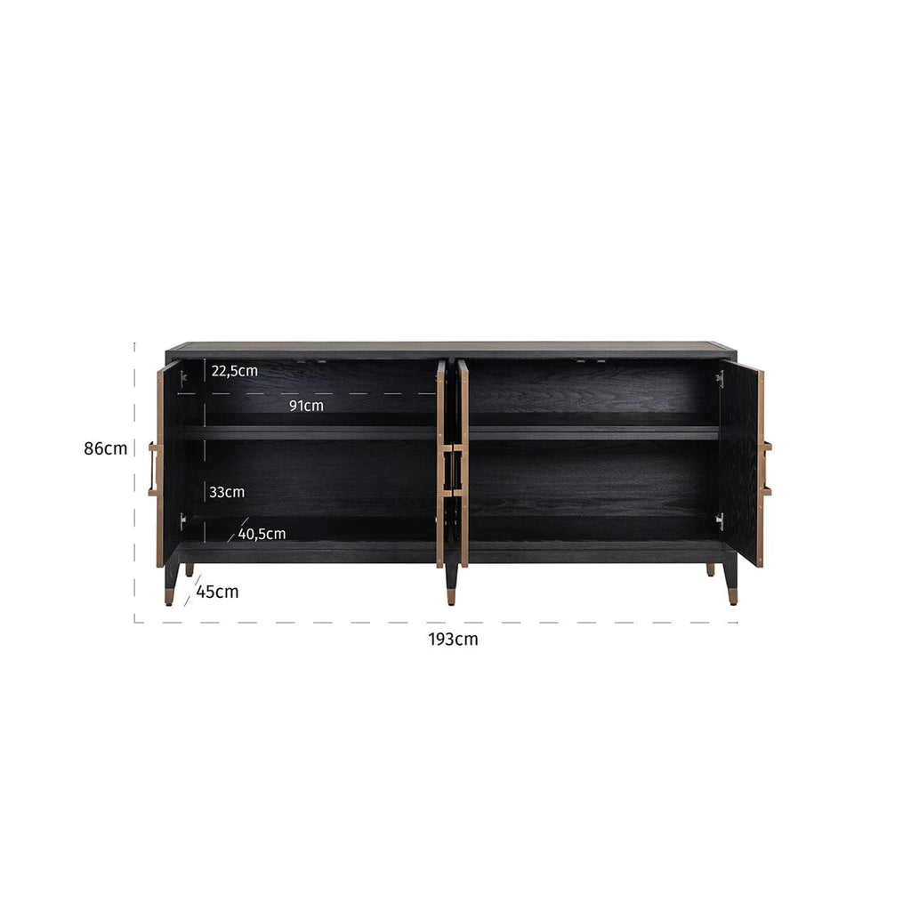 Sideboard mit 4 Türen aus schwarzem Holz und Rochenleder mit Messinggriffen
