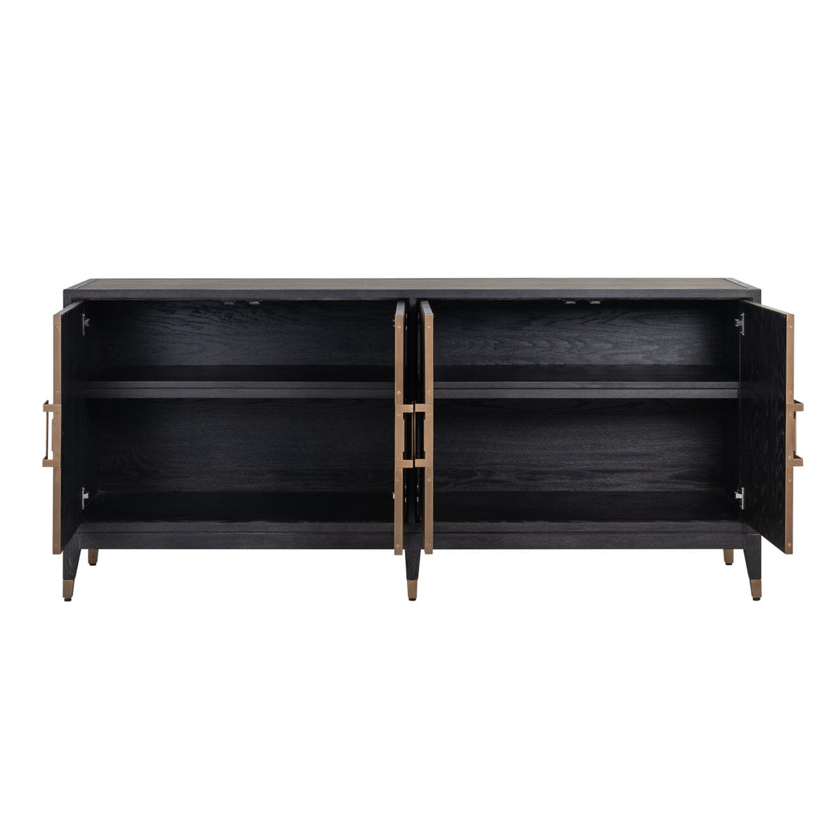 Sideboard mit 4 Türen aus schwarzem Holz und Rochenleder mit Messinggriffen