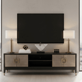 TV-Möbel mit 4 Türen aus schwarzem Holz und Rochenlederimitat mit Messinggriffen