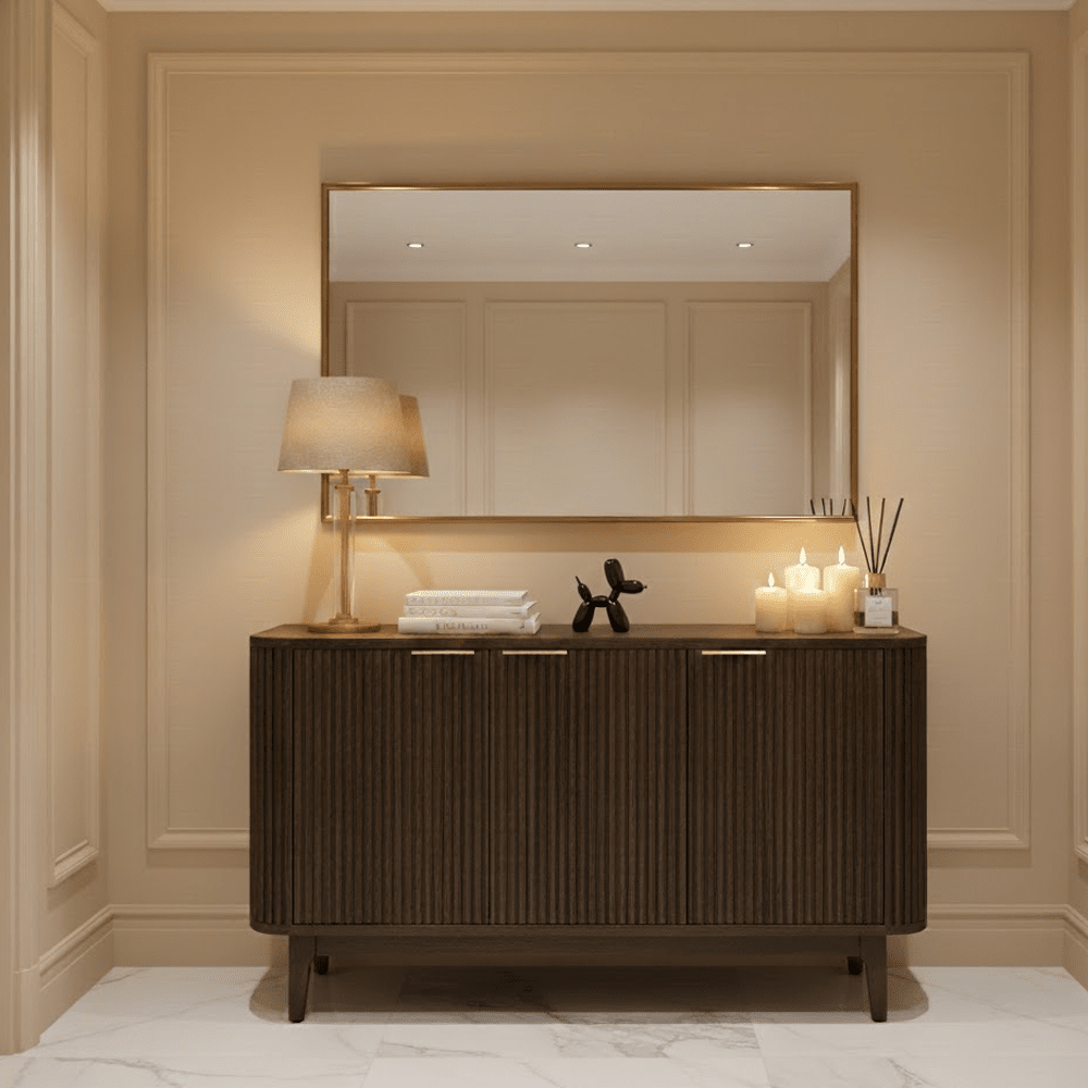 Dunkelbraunes geripptes Eichen-Sideboard mit 3 Türen