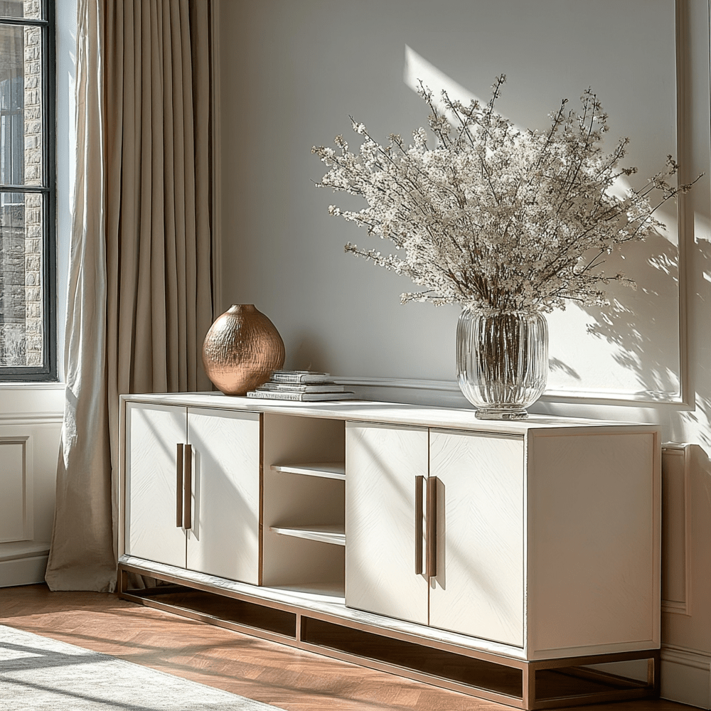Cremefarbenes Sideboard aus Eichenfurnier mit 4 Türen und Messingdetails