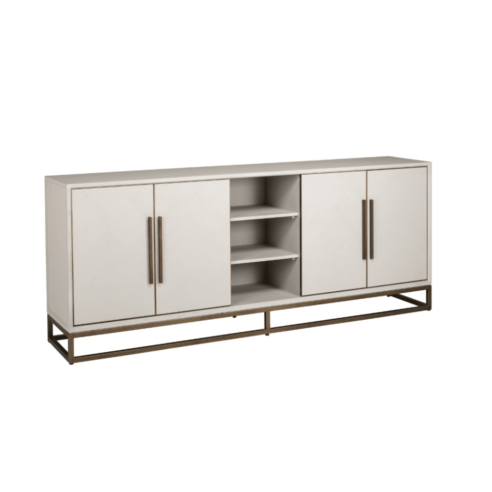 Cremefarbenes Sideboard aus Eichenfurnier mit 4 Türen und Messingdetails