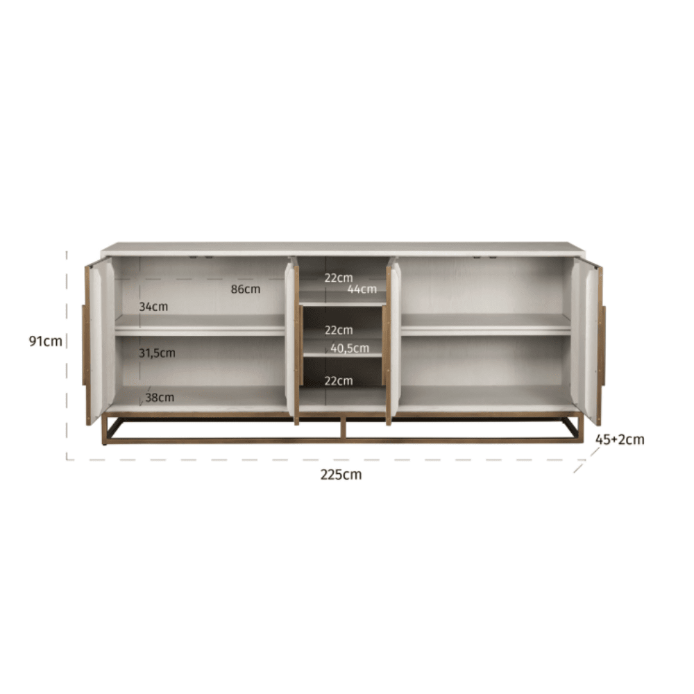 Cremefarbenes Sideboard aus Eichenfurnier mit 4 Türen und Messingdetails