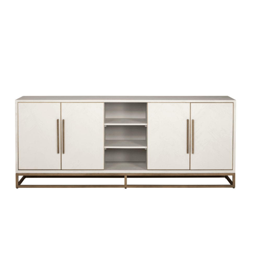 Cremefarbenes Sideboard aus Eichenfurnier mit 4 Türen und Messingdetails