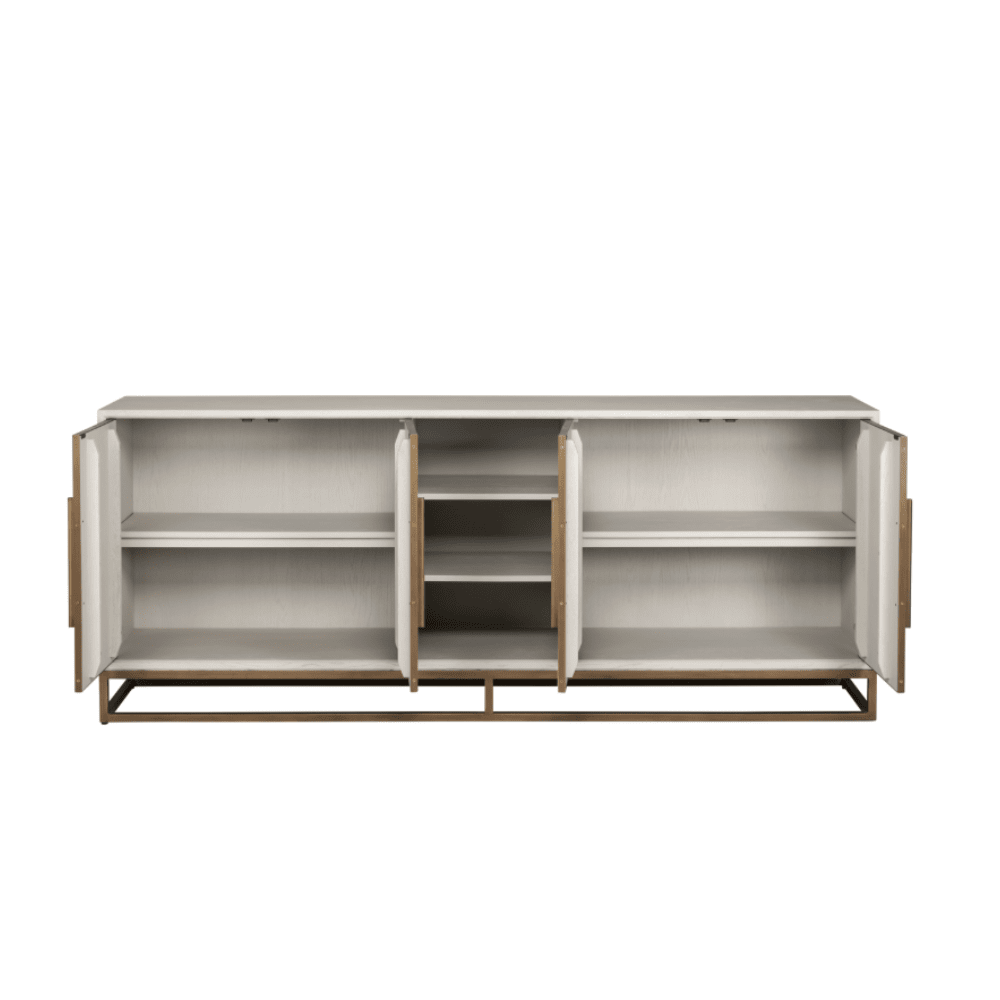 Cremefarbenes Sideboard aus Eichenfurnier mit 4 Türen und Messingdetails