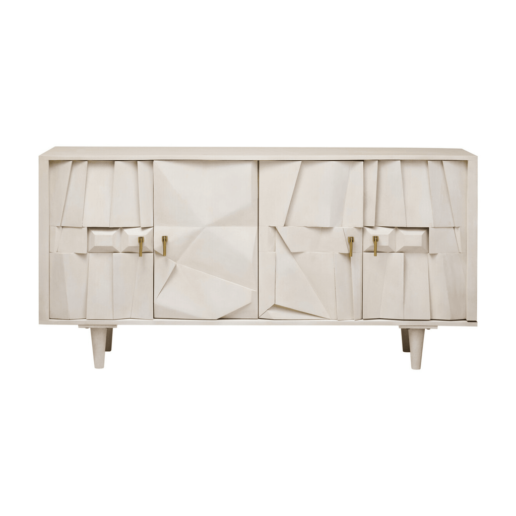 Geometrisches Sideboard aus weiß getünchtem Holz, 4-türig