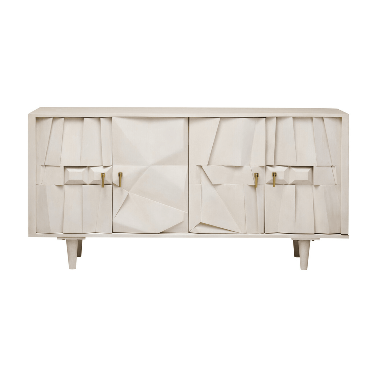 Geometrisches Sideboard aus weiß getünchtem Holz, 4-türig