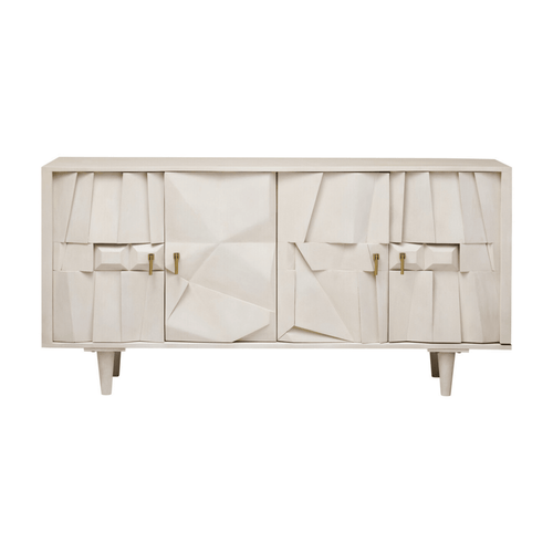 Geometrisches Sideboard aus weiß getünchtem Holz, 4-türig