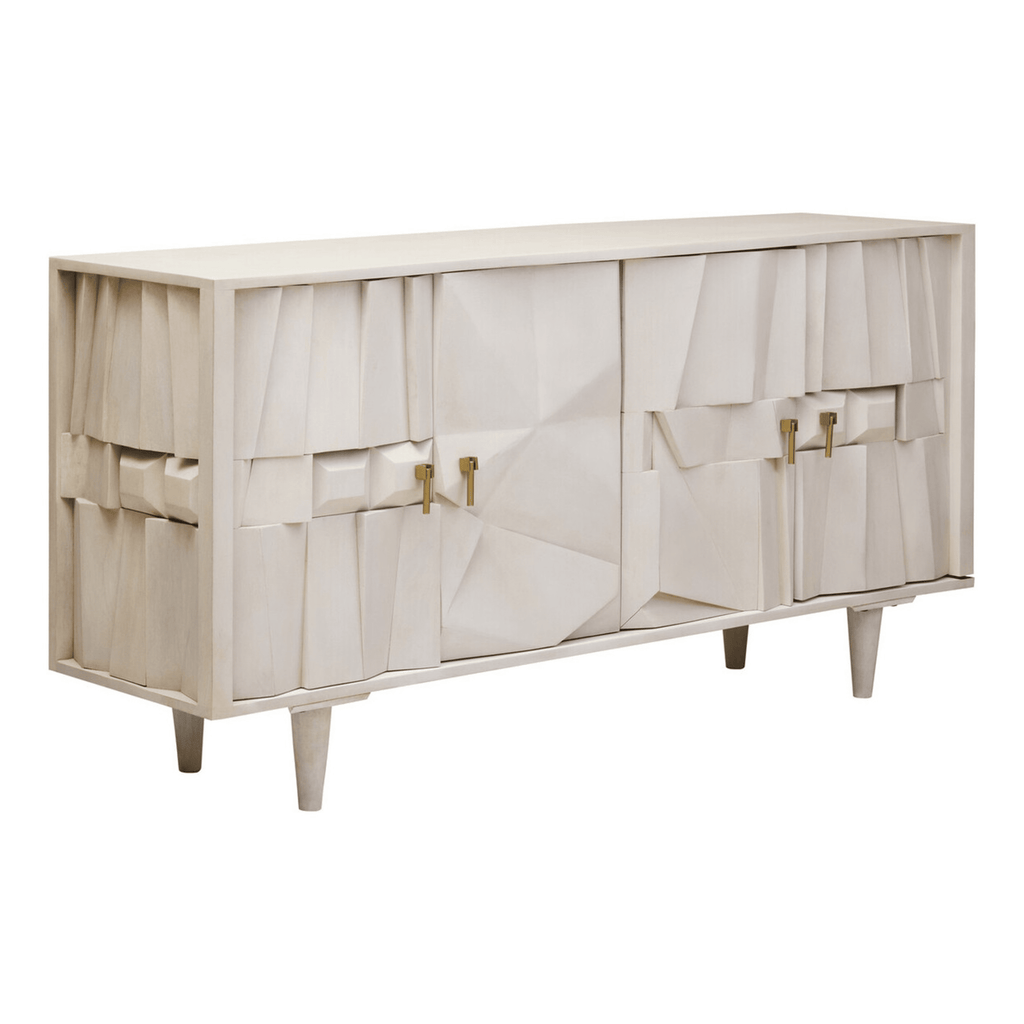 Geometrisches Sideboard aus weiß getünchtem Holz, 4-türig