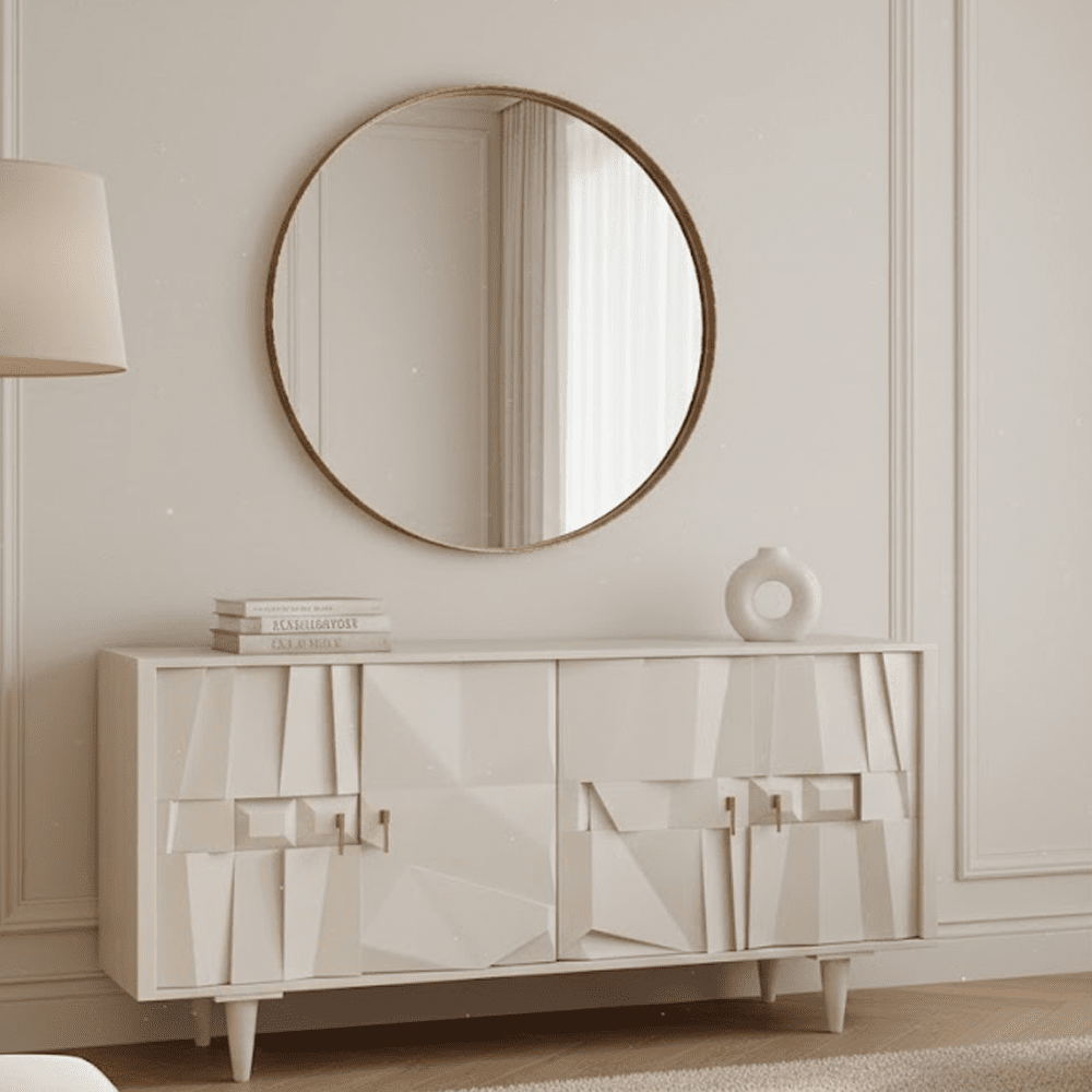 Geometrisches Sideboard aus weiß getünchtem Holz, 4-türig