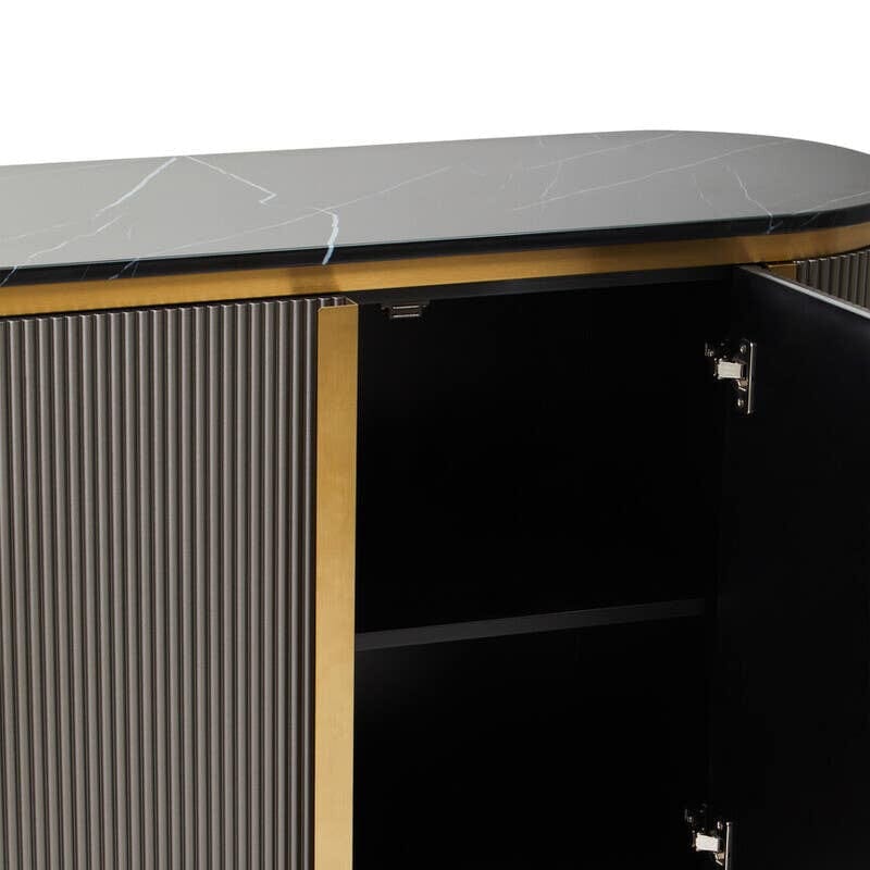 Graues & goldenes geriffeltes Sideboard mit 2 Türen und schwarzer Marmorplatte