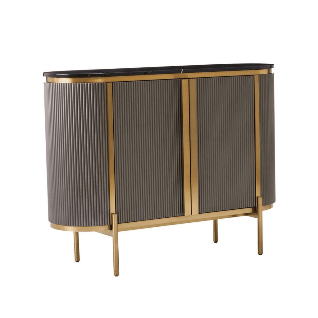 Graues & goldenes geriffeltes Sideboard mit 2 Türen und schwarzer Marmorplatte