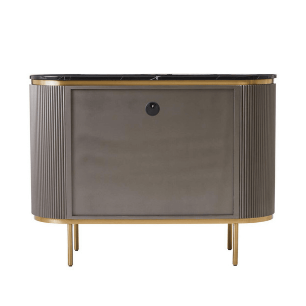 Graues & goldenes geriffeltes Sideboard mit 2 Türen und schwarzer Marmorplatte
