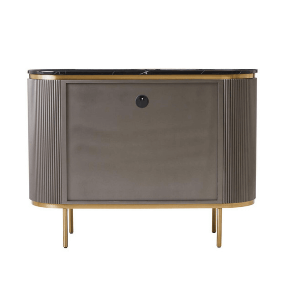 Graues & goldenes geriffeltes Sideboard mit 2 Türen und schwarzer Marmorplatte