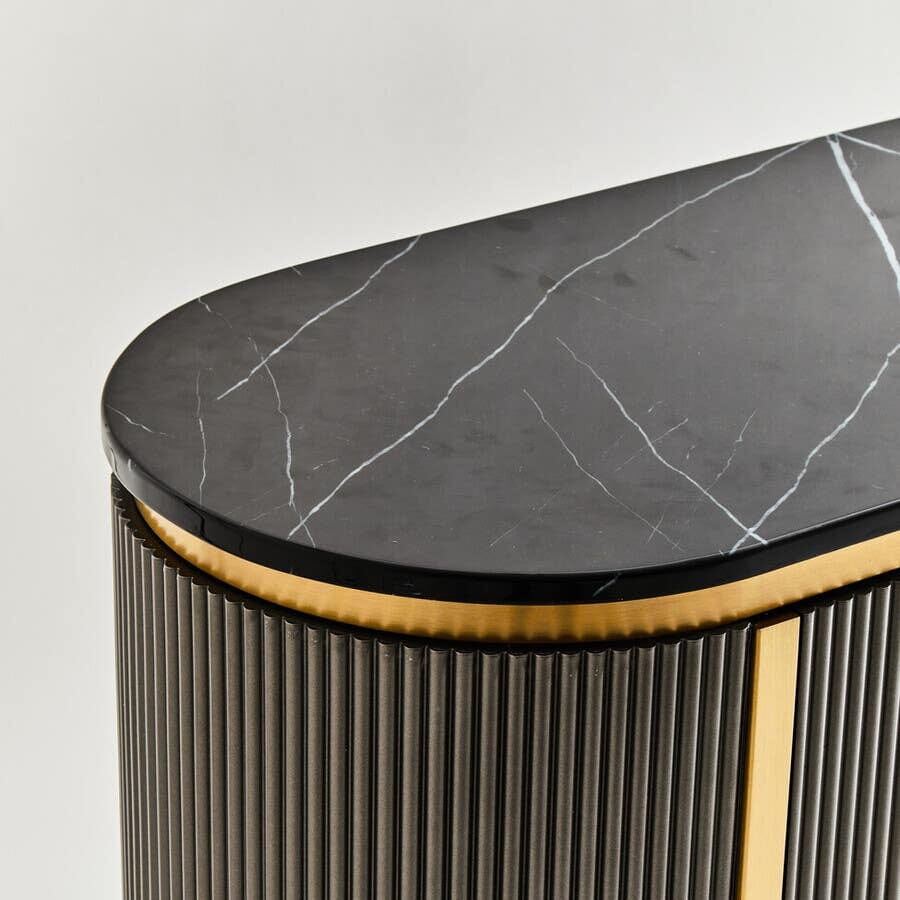 Graues & goldenes geriffeltes Sideboard mit 2 Türen und schwarzer Marmorplatte