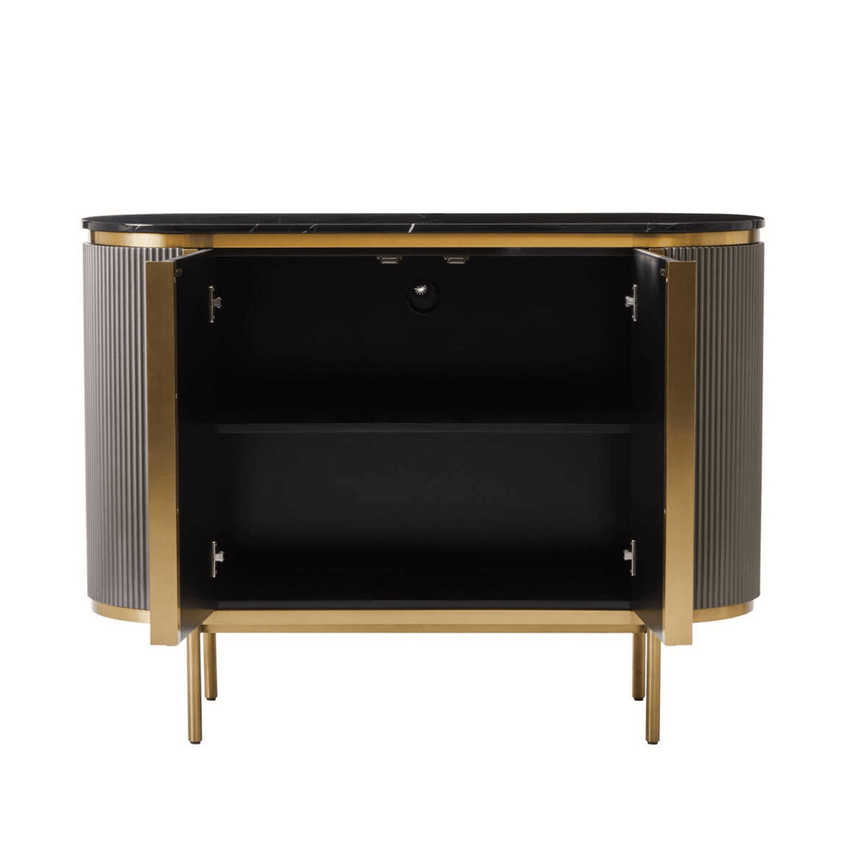 Graues & goldenes geriffeltes Sideboard mit 2 Türen und schwarzer Marmorplatte