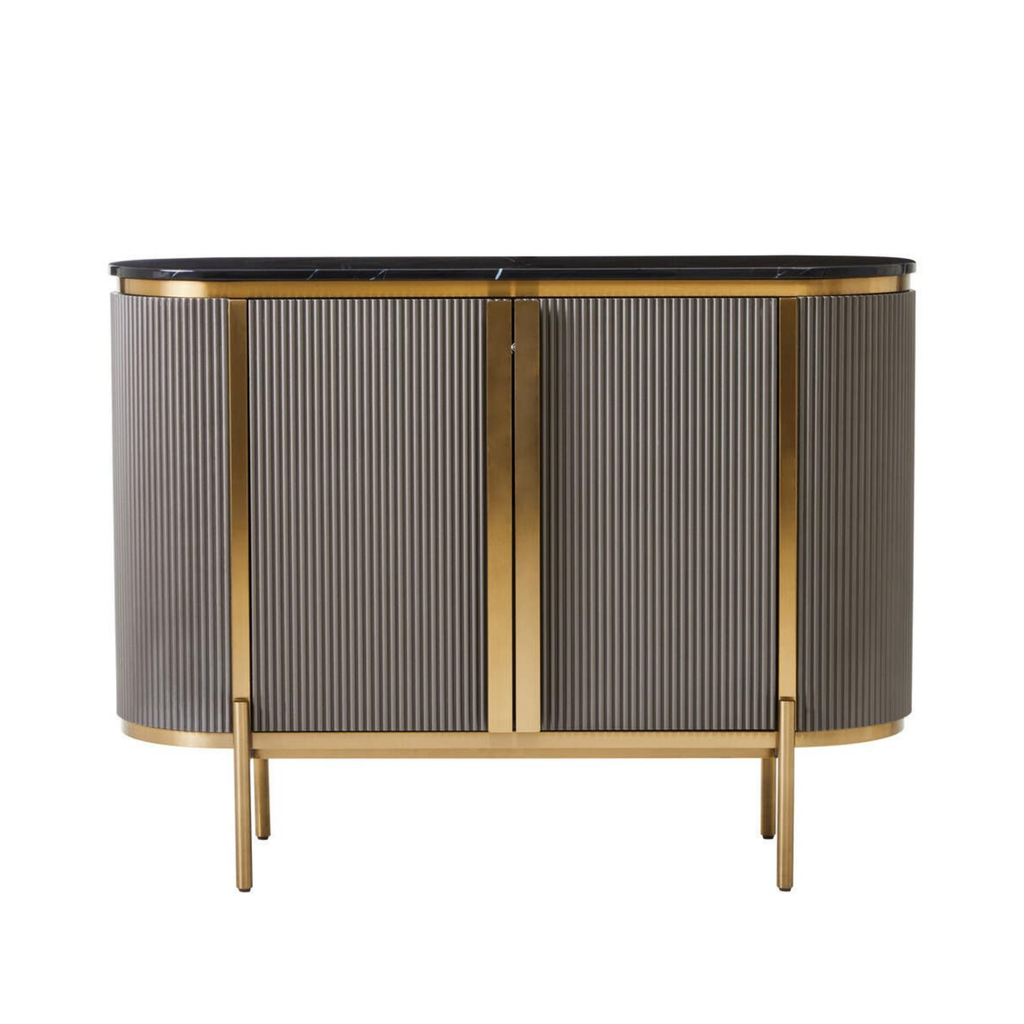 Graues & goldenes geriffeltes Sideboard mit 2 Türen und schwarzer Marmorplatte