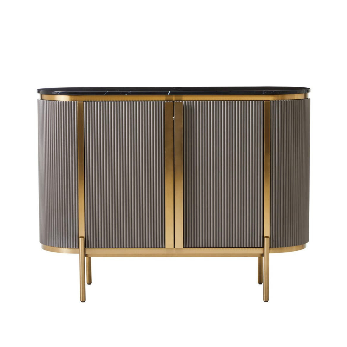 Graues & goldenes geriffeltes Sideboard mit 2 Türen und schwarzer Marmorplatte
