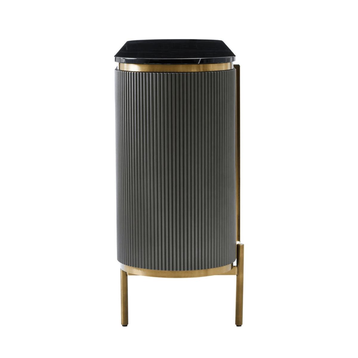 Graues & goldenes geriffeltes Sideboard mit 4 Türen und schwarzer Marmorplatte