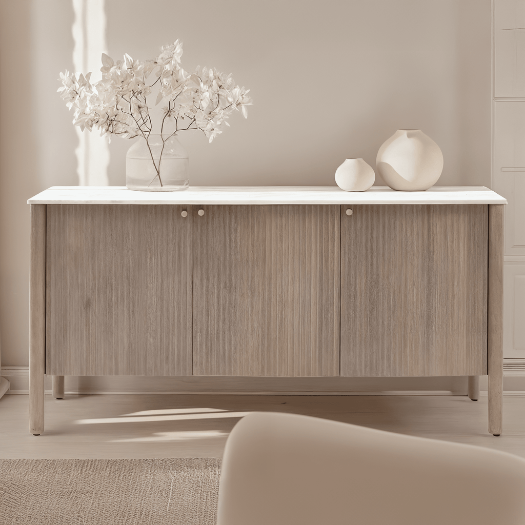 Mango Holz geripptes Sideboard mit 3 Türen und Marmorplatte
