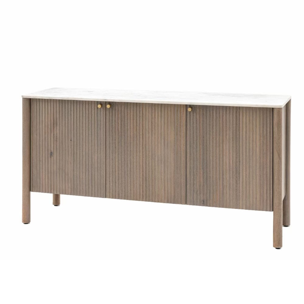 Mango Holz geripptes Sideboard mit 3 Türen und Marmorplatte