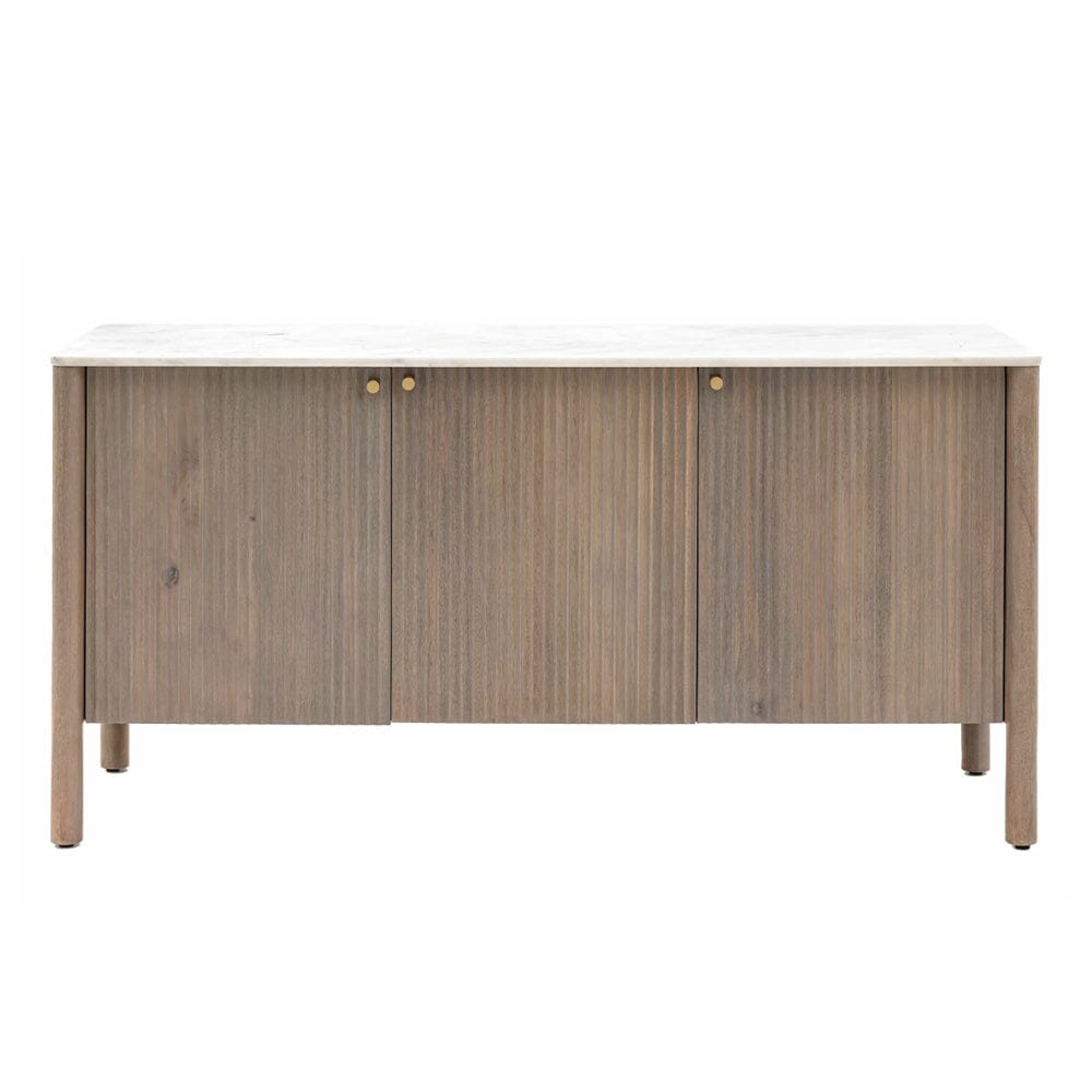 Mango Holz geripptes Sideboard mit 3 Türen und Marmorplatte