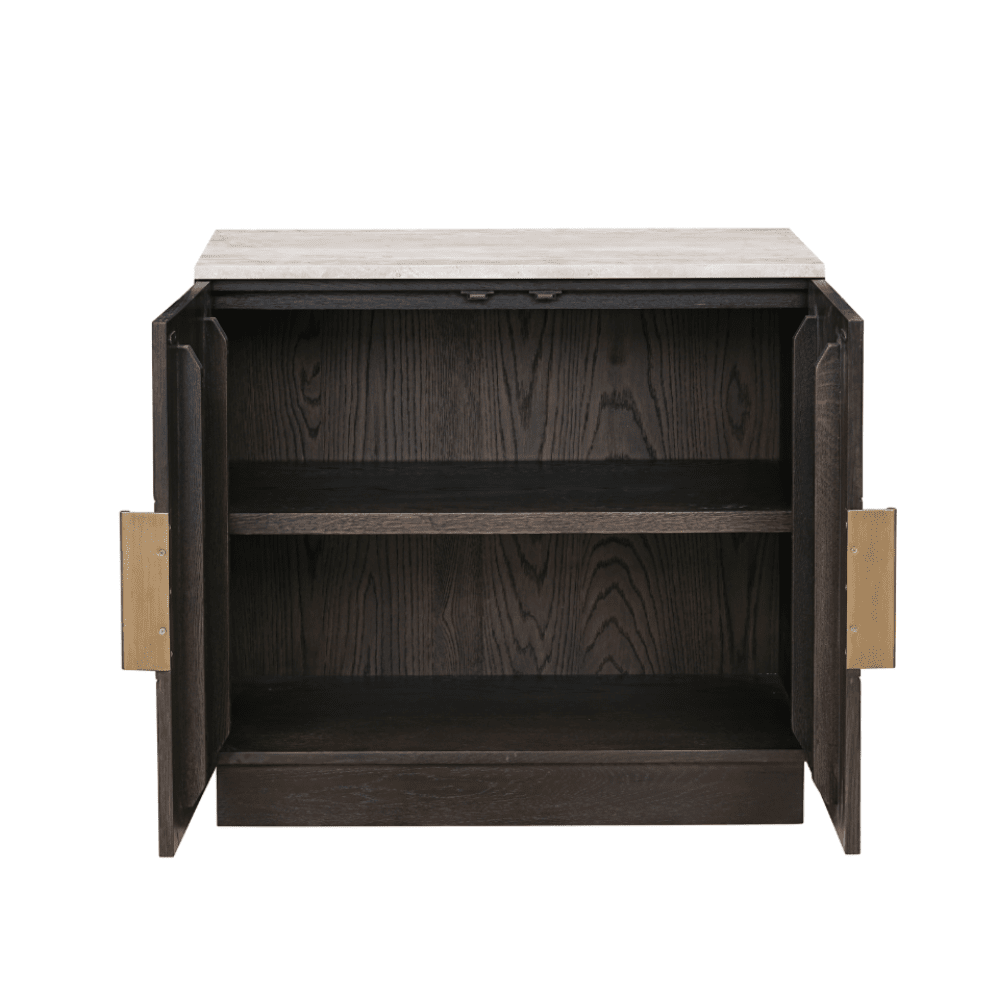 Tiefbraunes Sideboard mit 2 Türen und Travertinplatte