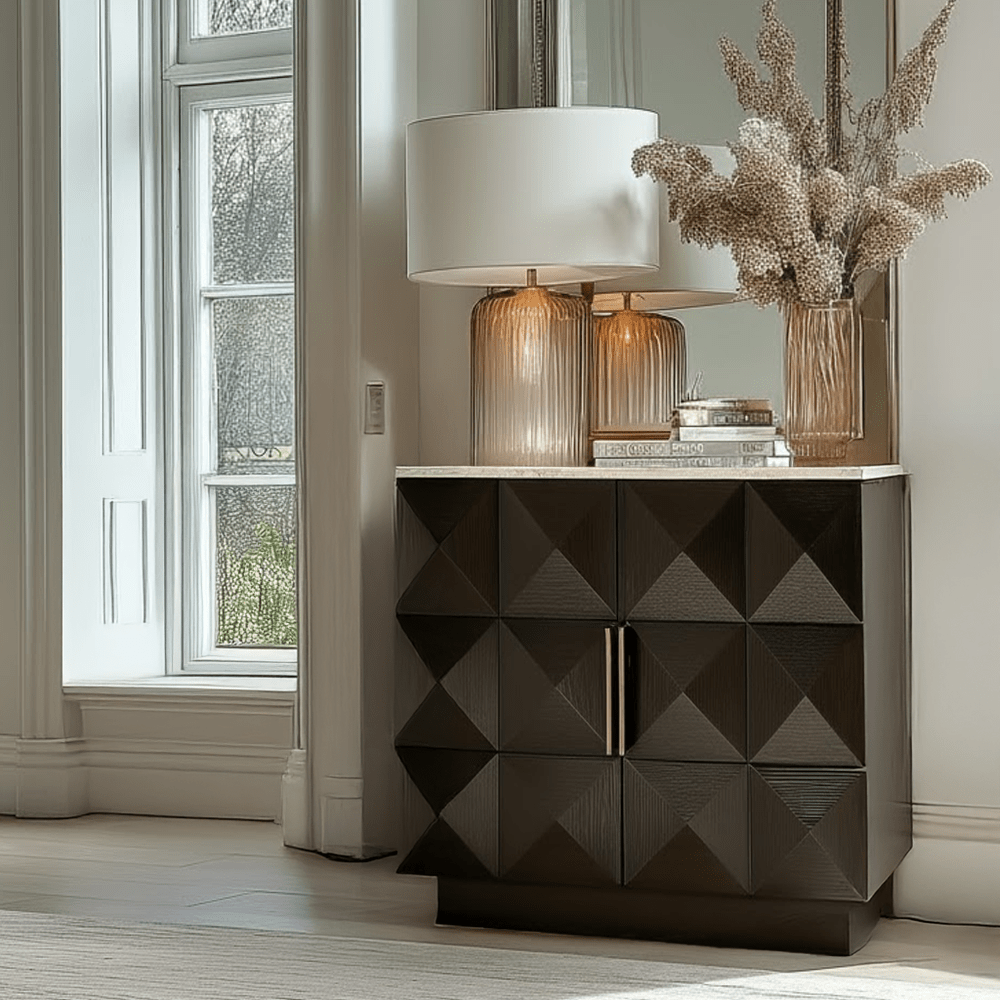 Tiefbraunes Sideboard mit 2 Türen und Travertinplatte