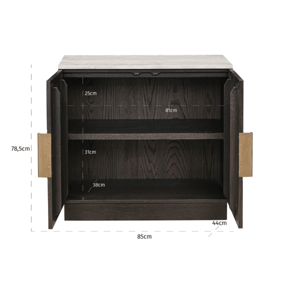 Tiefbraunes Sideboard mit 2 Türen und Travertinplatte