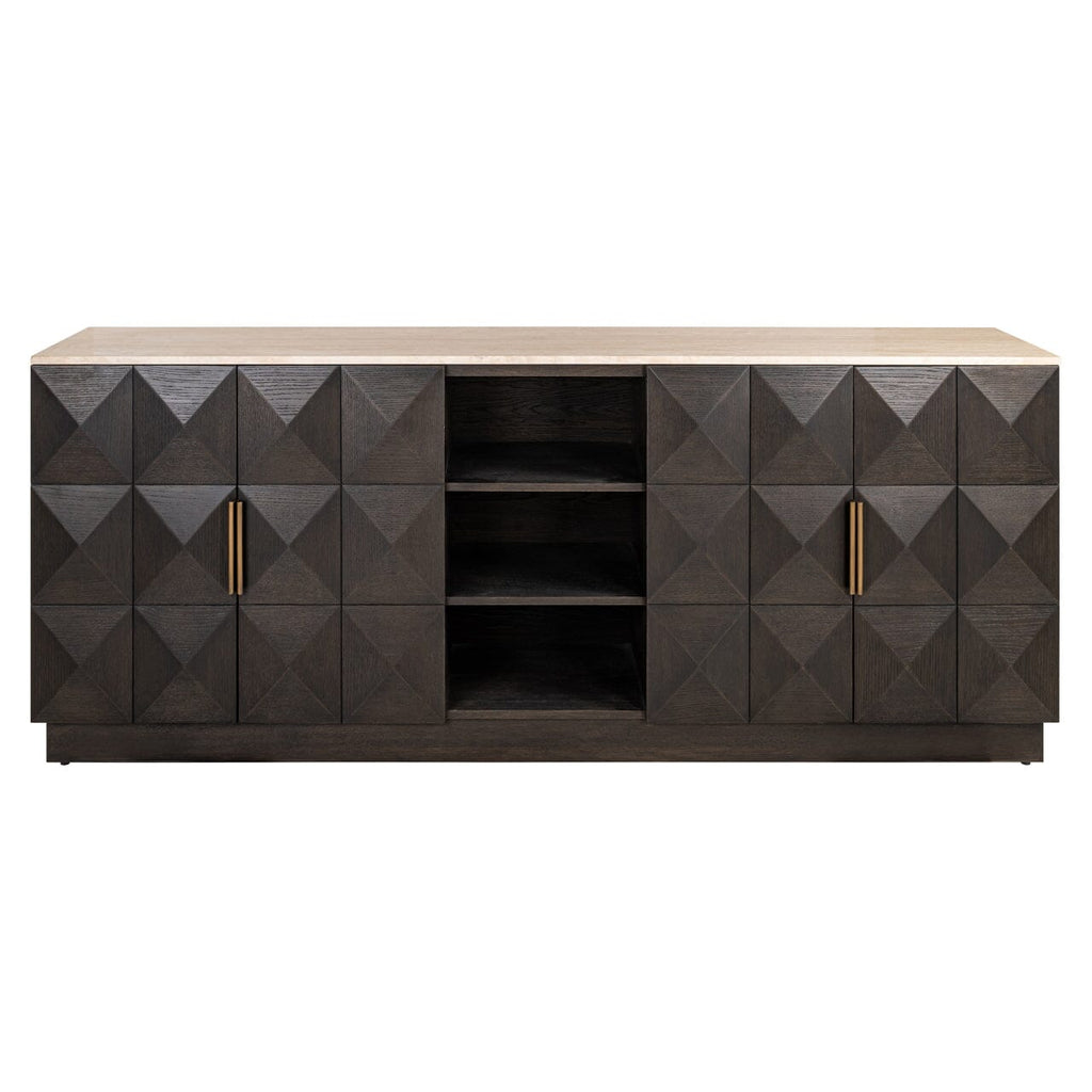 Dunkelbraunes Sideboard mit 4 Türen, Regalen und Travertinplatte