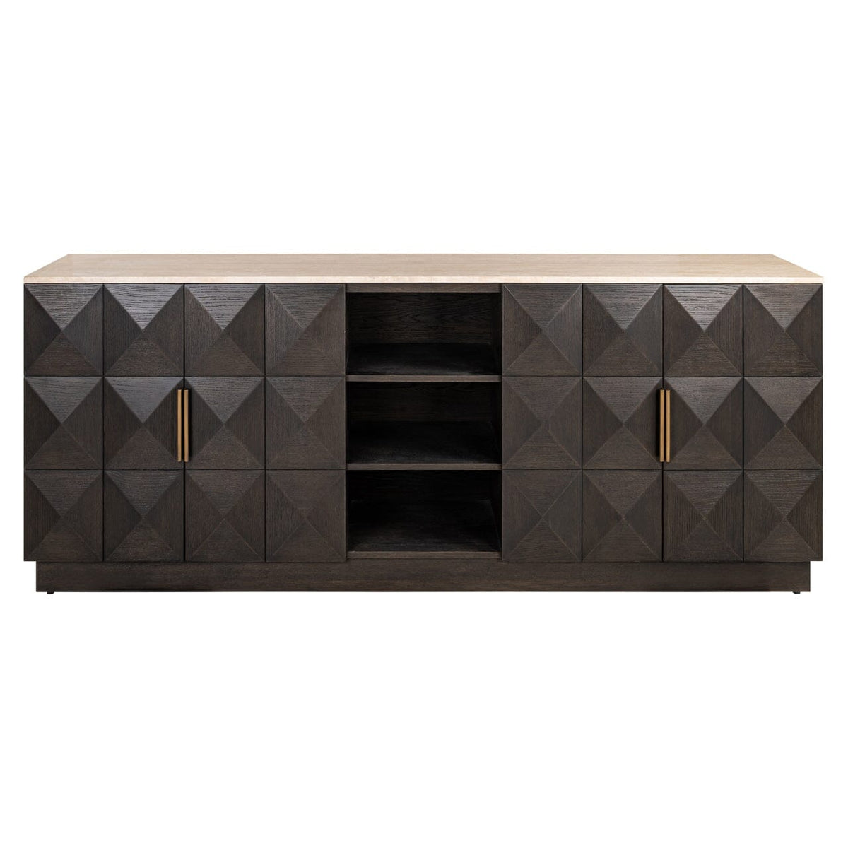 Dunkelbraunes Sideboard mit 4 Türen, Regalen und Travertinplatte