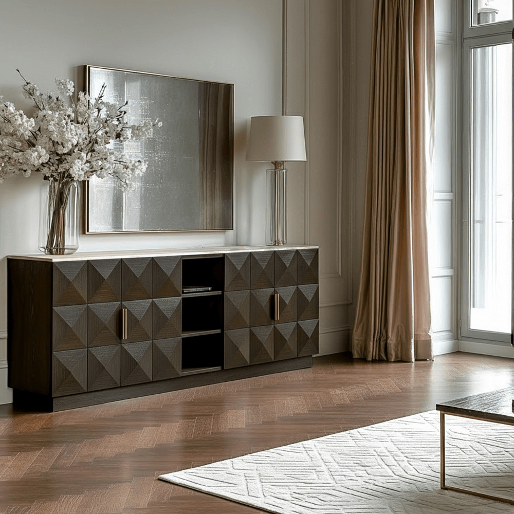 Dunkelbraunes Sideboard mit 4 Türen, Regalen und Travertinplatte