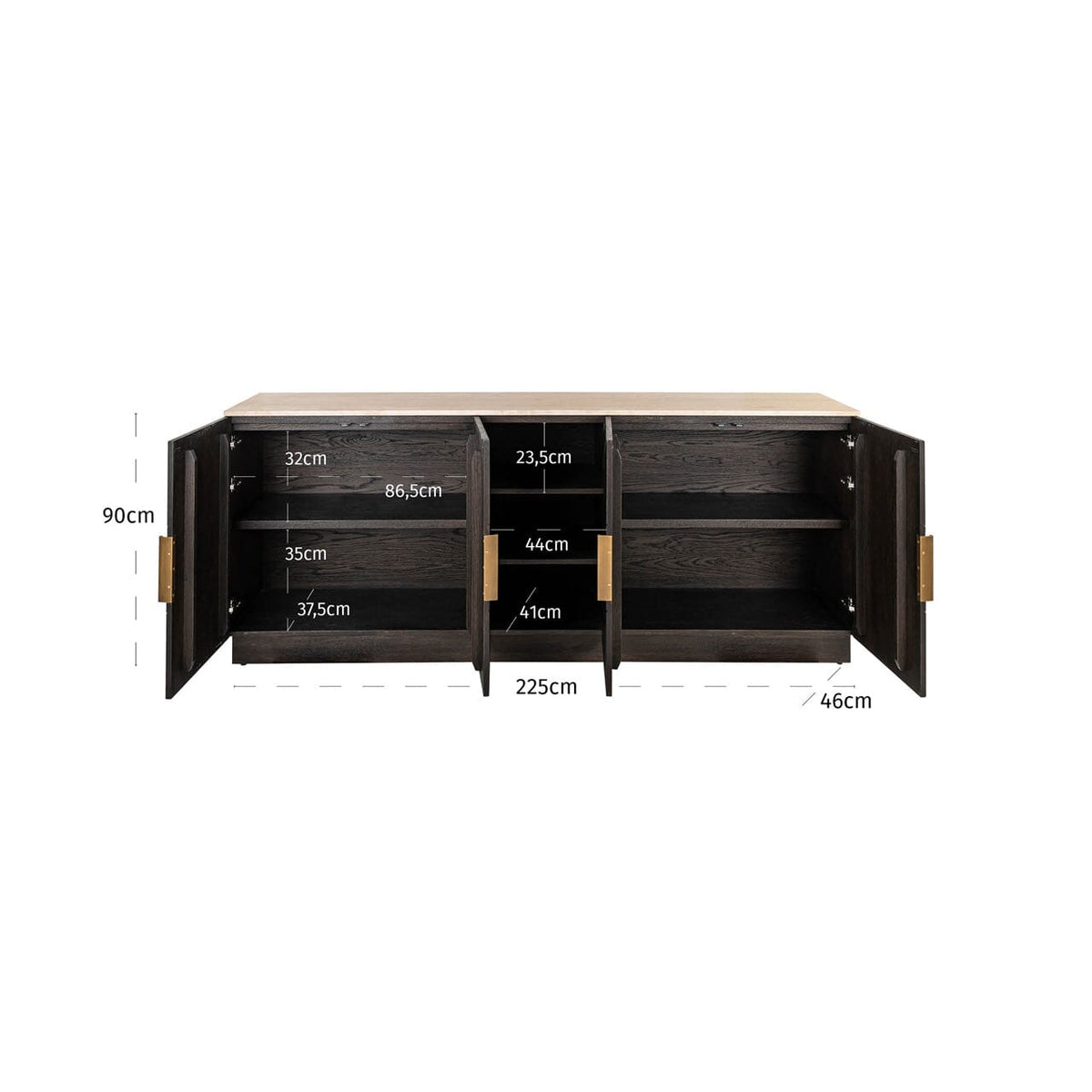 Dunkelbraunes Sideboard mit 4 Türen, Regalen und Travertinplatte