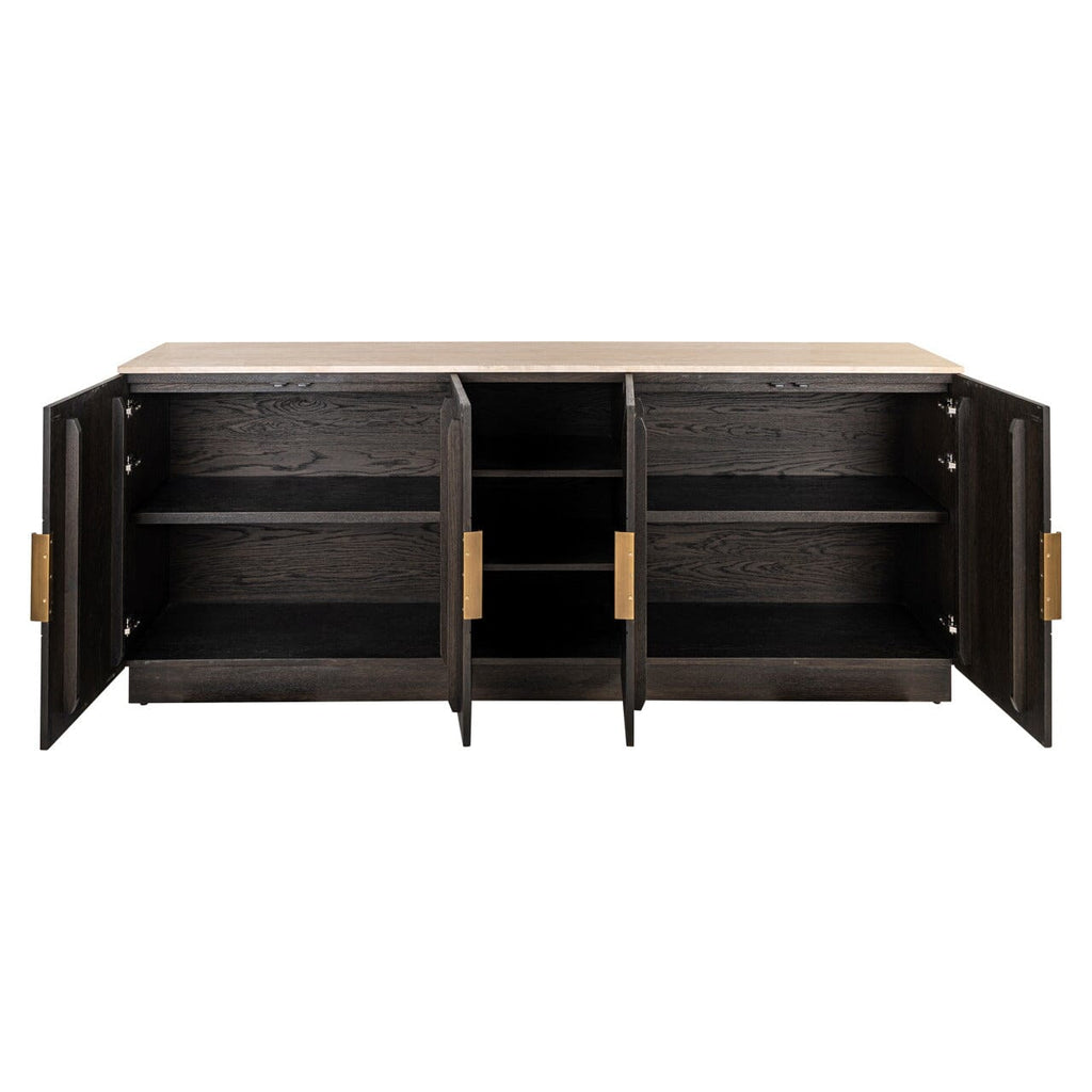 Dunkelbraunes Sideboard mit 4 Türen, Regalen und Travertinplatte