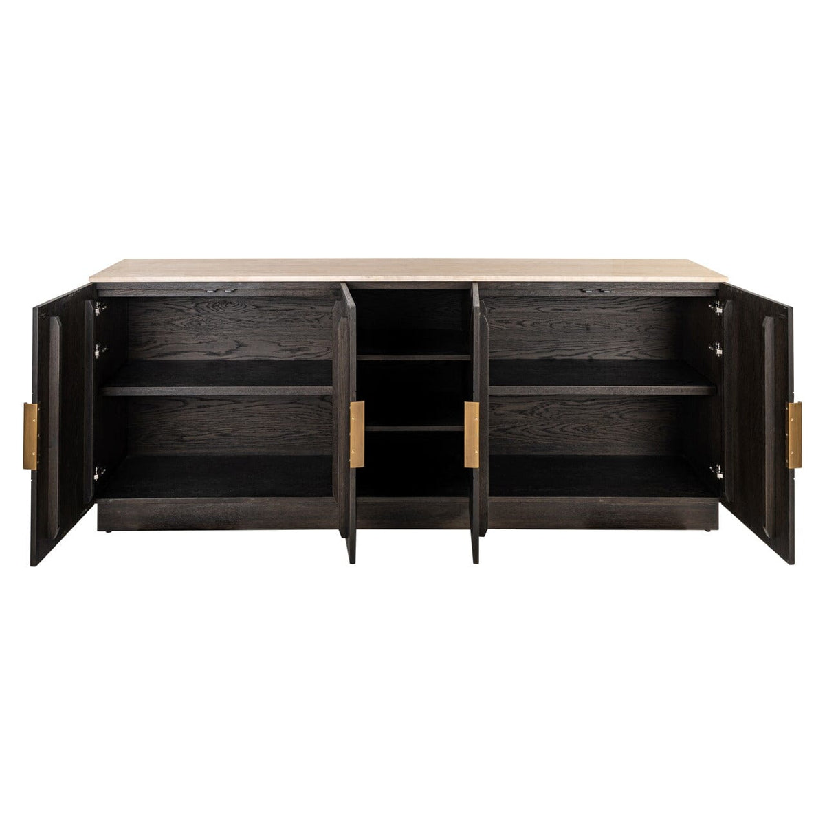 Dunkelbraunes Sideboard mit 4 Türen, Regalen und Travertinplatte