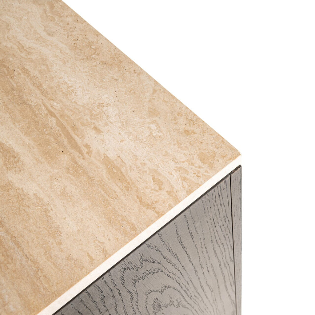 Dunkelbraunes Sideboard mit 4 Türen, Regalen und Travertinplatte