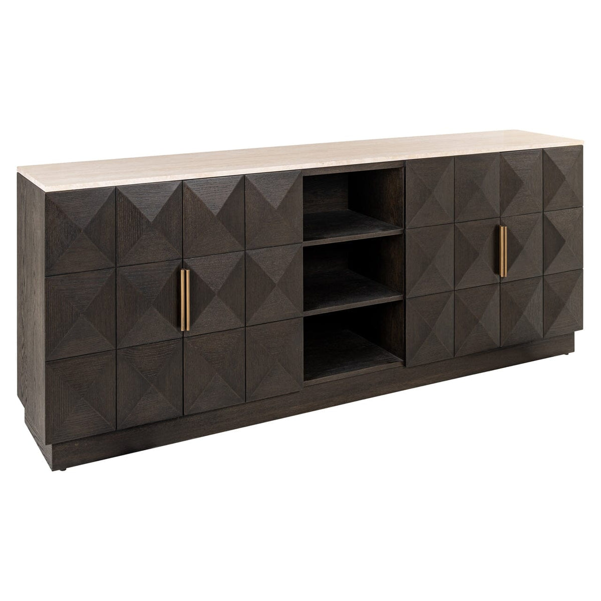 Dunkelbraunes Sideboard mit 4 Türen, Regalen und Travertinplatte