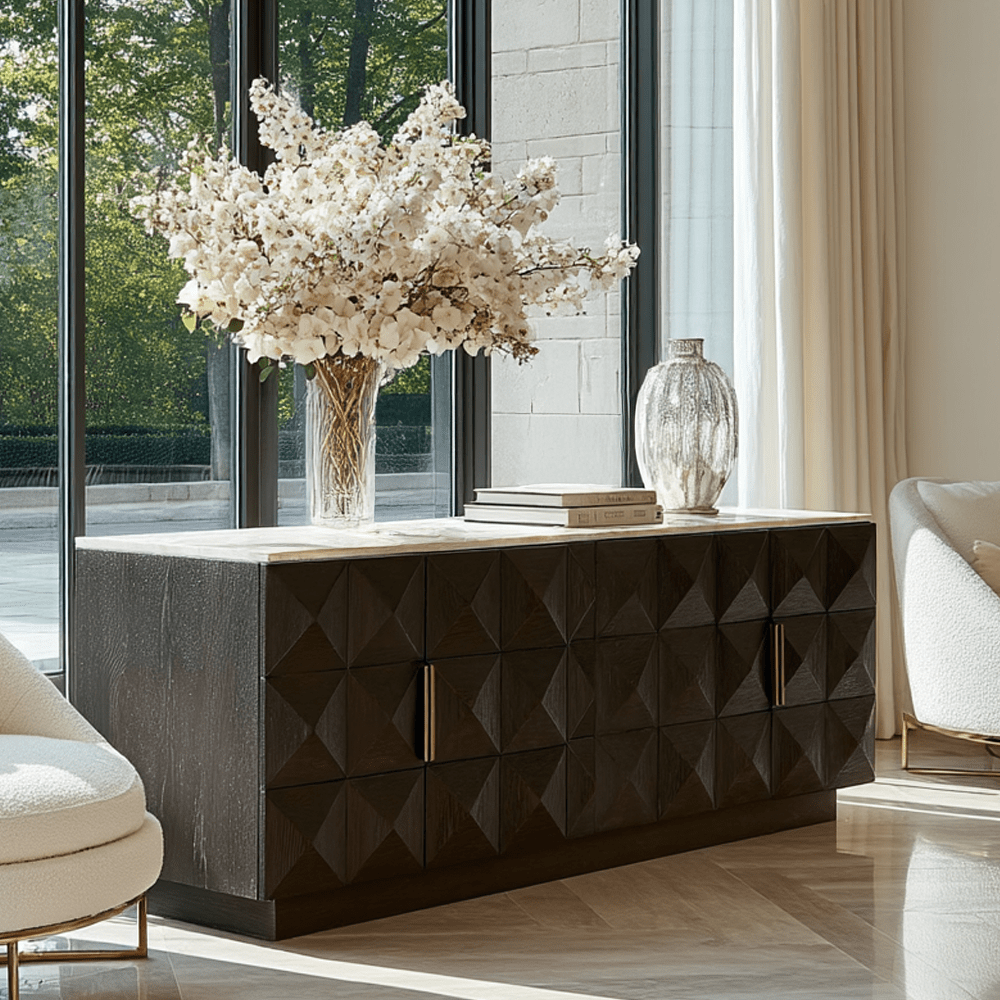 Dunkelbraunes Sideboard mit 4 Türen und Travertinplatte