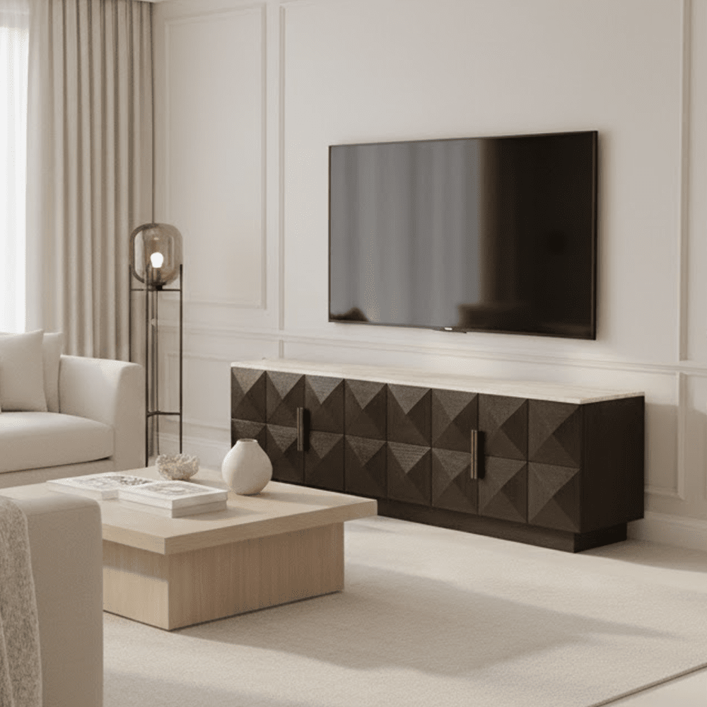 Tiefbraunes 4-türiges TV-Möbel mit Travertinplatte