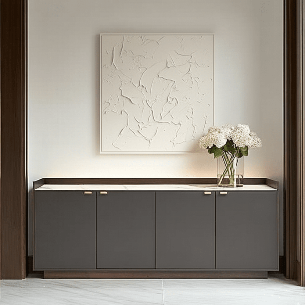 Dunkelgraues Eichen-Sideboard mit 4 Türen und Marmorplatte