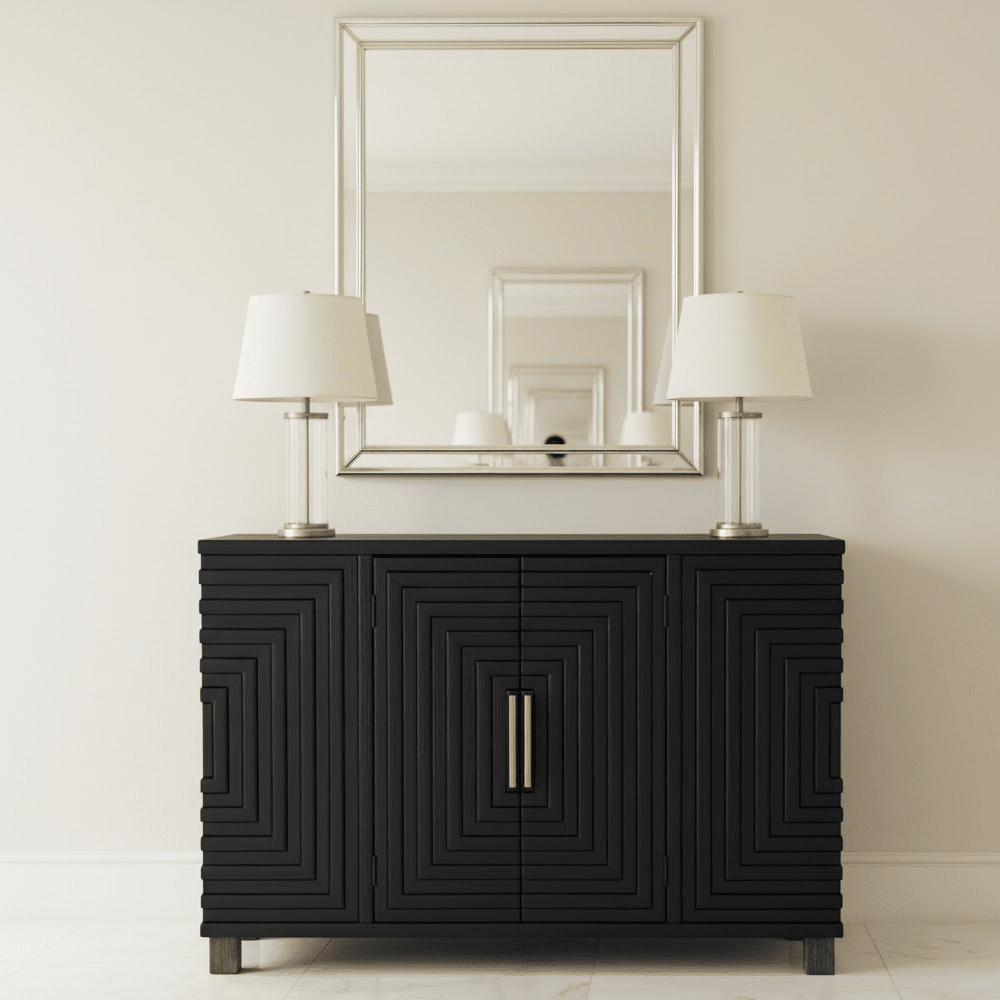Schwarzes Sideboard mit 2 Türen und goldenen Griffen