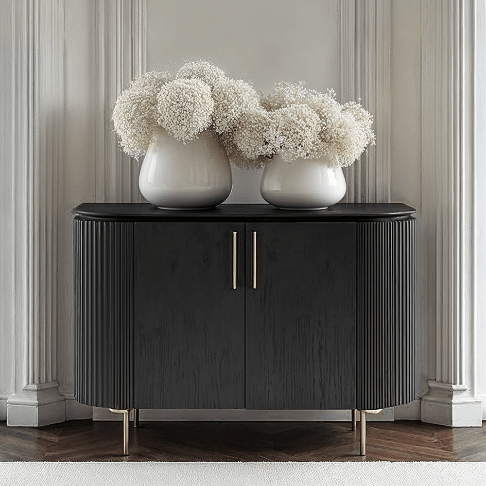Geripptes, abgerundetes schwarzes Sideboard mit 2 Türen und Goldbeinen