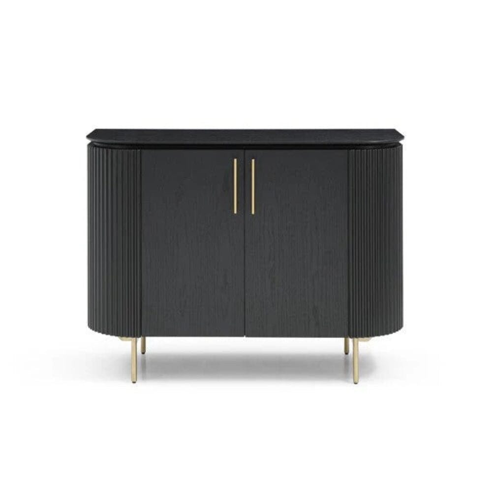 Geripptes, abgerundetes schwarzes Sideboard mit 2 Türen und Goldbeinen