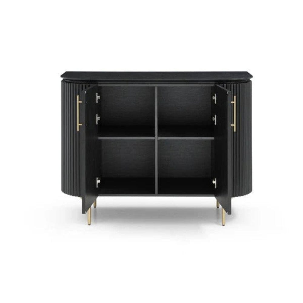 Geripptes, abgerundetes schwarzes Sideboard mit 2 Türen und Goldbeinen