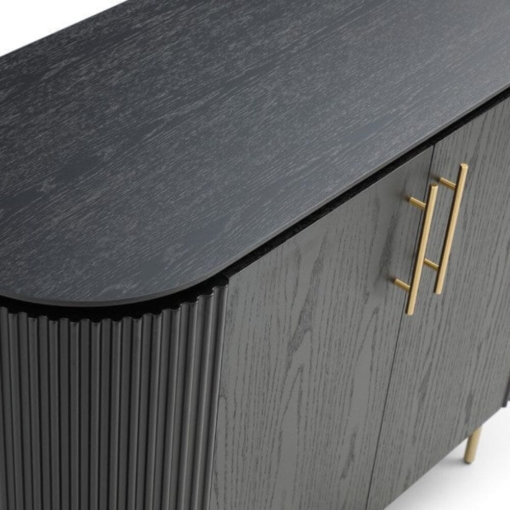Geripptes, abgerundetes schwarzes Sideboard mit 2 Türen und Goldbeinen